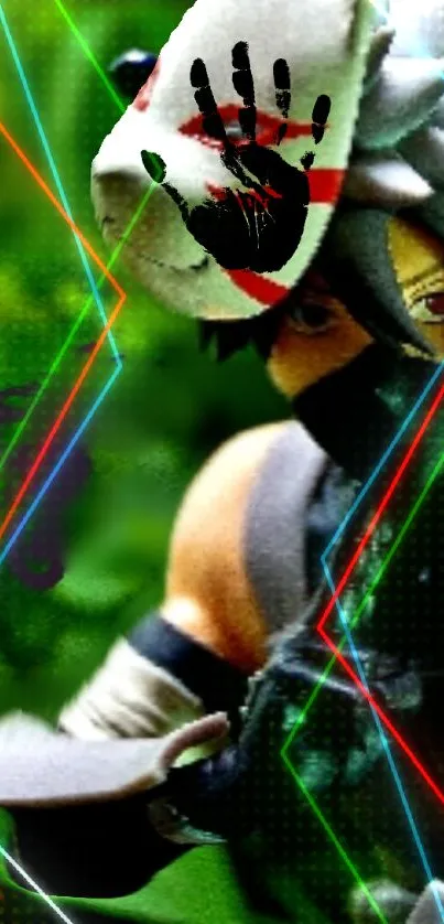 Anime character with mask and neon lights on vibrant green background.