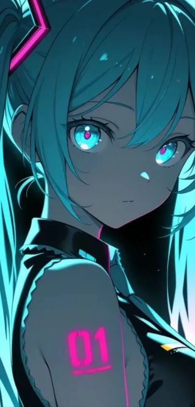 Anime character with cyan highlights in vibrant digital art.