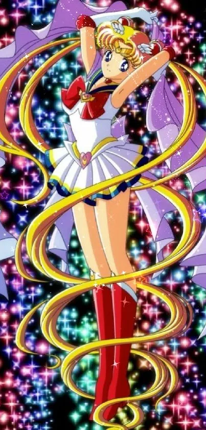 Anime magical girl with sparkling stars on colorful background.