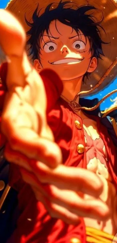 Anime character in vibrant colors reaching forward with dynamic pose.