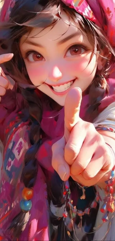 Vibrant anime character in pink scarf pointing forward.