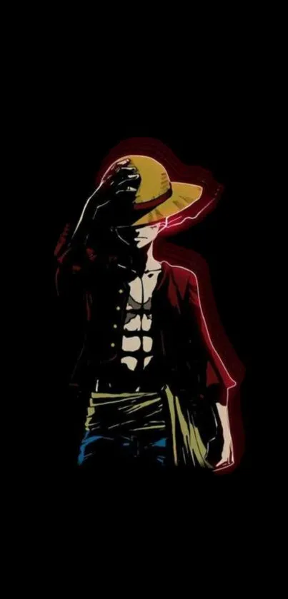 Anime silhouette with straw hat on black background.