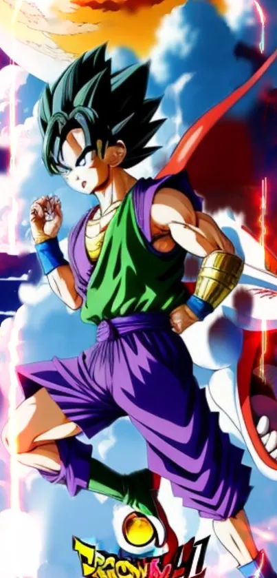 Anime character in vivid colors with striking background elements.