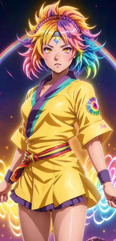 Anime character with rainbow hair and yellow outfit with colorful background.