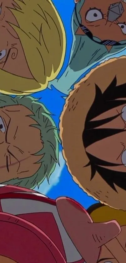 Anime characters looking up in a vibrant group scene.