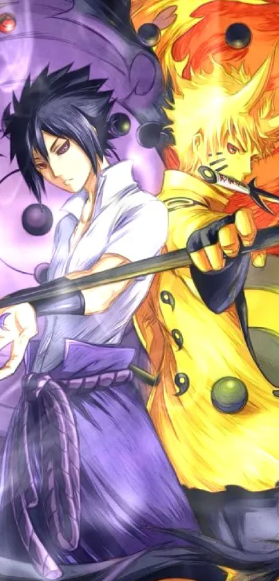 Anime characters in vibrant yellow and purple design.