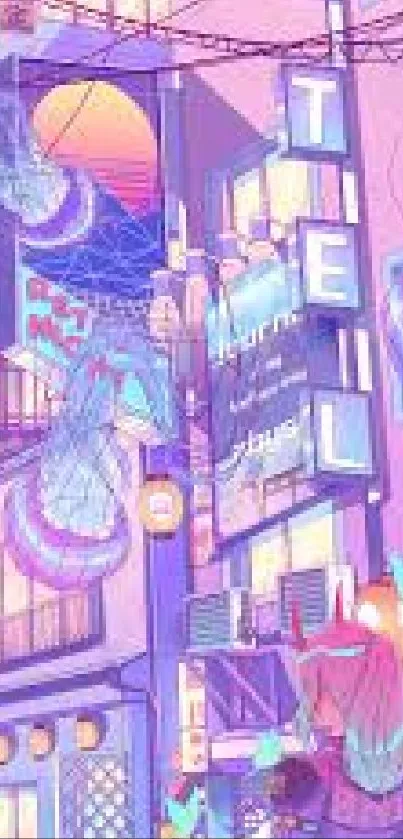 Anime cityscape with neon lights in a futuristic, vibrant design.