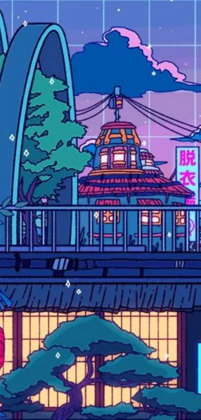 Vibrant anime cityscape with neon lights and evening skyline.