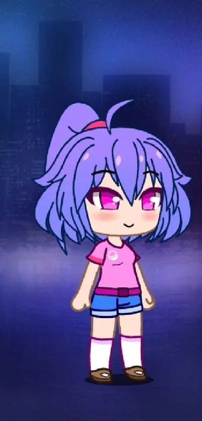 Anime character with purple hair against a vibrant cityscape background.