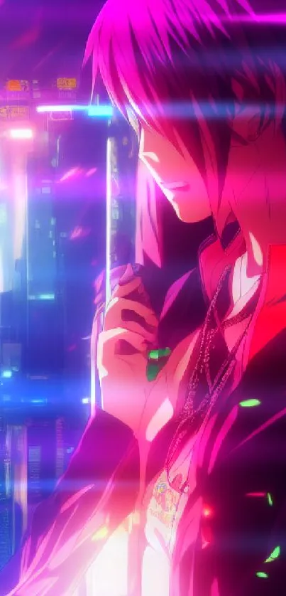 Anime character with neon cityscape background in vibrant colors.