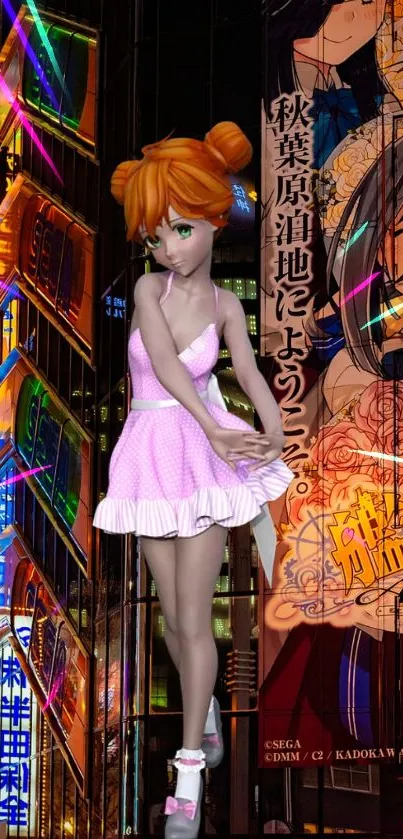 Anime character in vibrant cityscape with colorful neon lights.