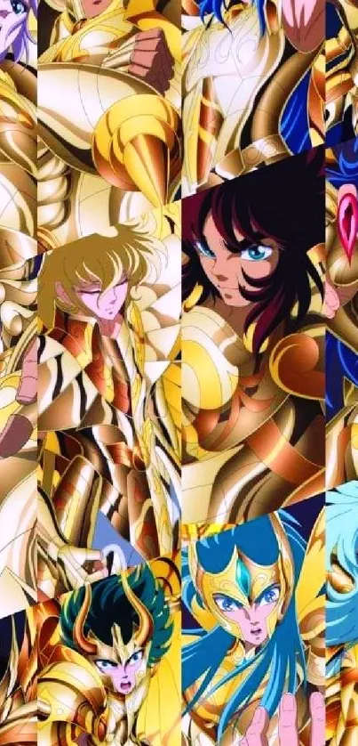 Anime collage wallpaper with golden armored characters in a vibrant design.