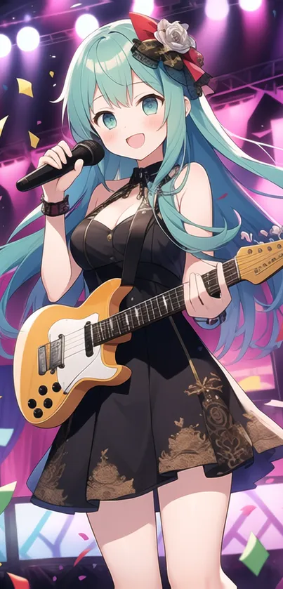 Anime character with guitar on a vibrant stage.