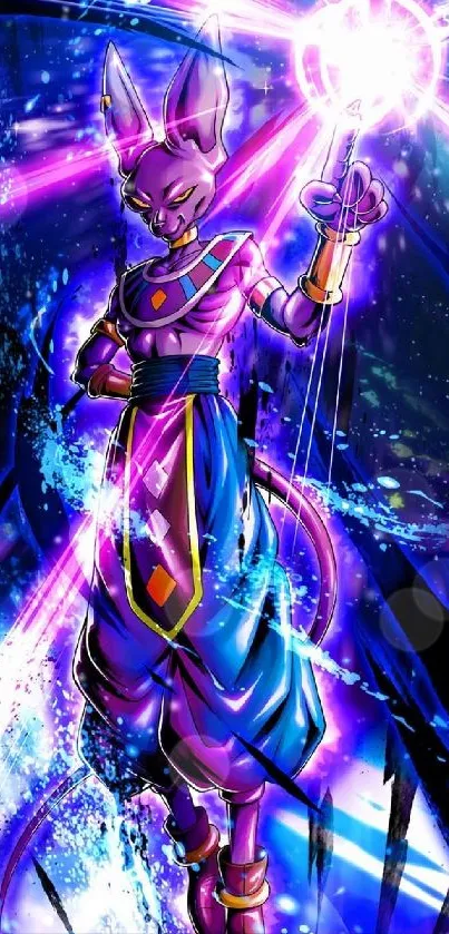 Vibrant anime warrior with cosmic energy in purple and blue tones.