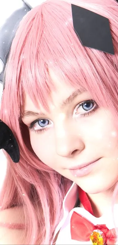Anime cosplay wallpaper with pink-haired character.