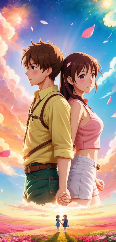 Anime couple facing away in vibrant landscape.