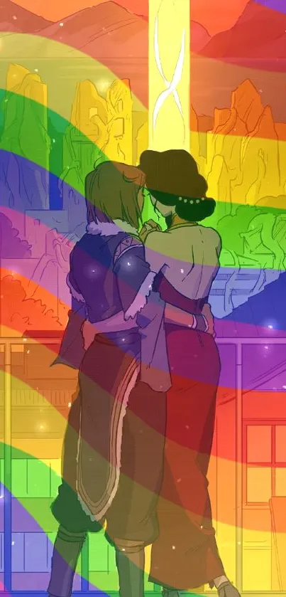 Anime couple embracing with rainbow backdrop.