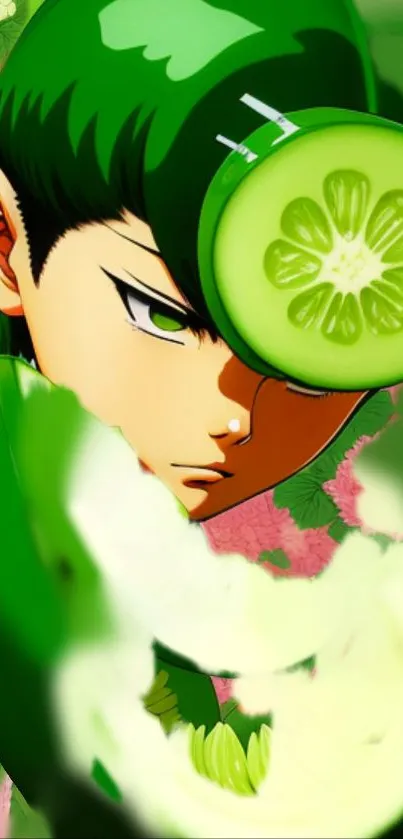 Green anime character with cucumber design wallpaper.