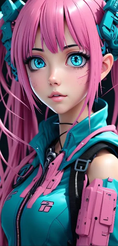 Anime cyber girl with pink hair and teal clothing in digital art style.