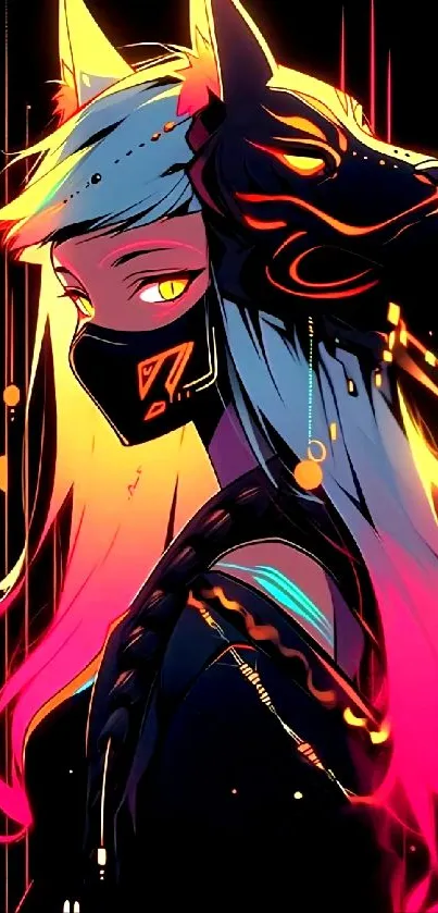 Futuristic portrait with neon colors and a cat mask for mobile wallpaper.