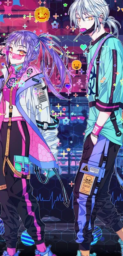 Vibrant anime cyberpunk wallpaper with neon accents and digital elements.