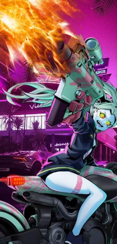 Anime character on a motorcycle with neon city backdrop.