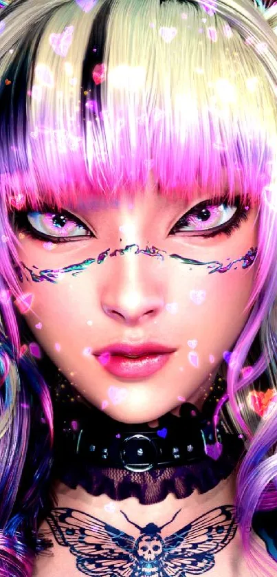 Vibrant anime cyberpunk character with colorful hair and striking features.