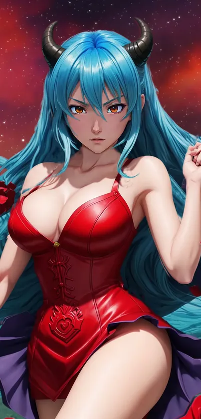 Anime demon girl with blue hair and red dress surrounded by roses.