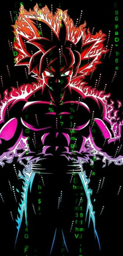 Fiery anime character with neon effects and digital art style.