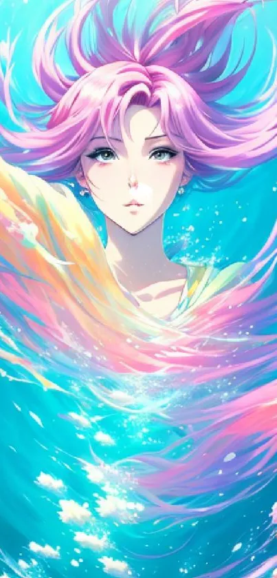 Anime character with flowing pink hair surrounded by vibrant colors in digital art.