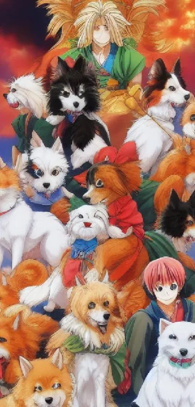 Vibrant anime scene with dogs and a fantasy backdrop, ideal for mobile wallpaper.