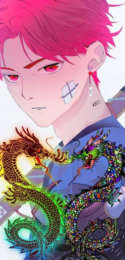 Anime character with vibrant dragon art design.