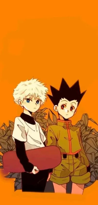 Vibrant anime duo with orange backdrop on mobile wallpaper.