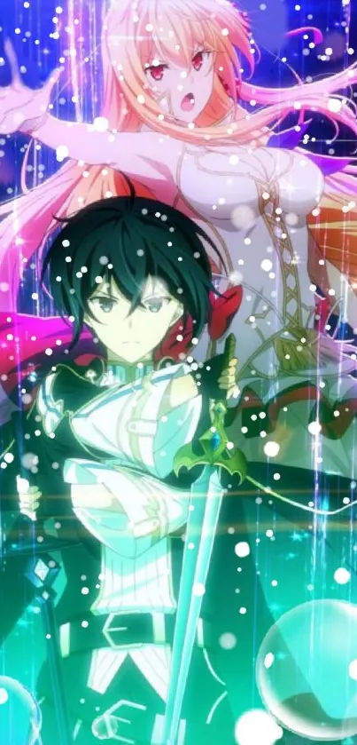 Colorful anime characters with swords in a vibrant magical setting.