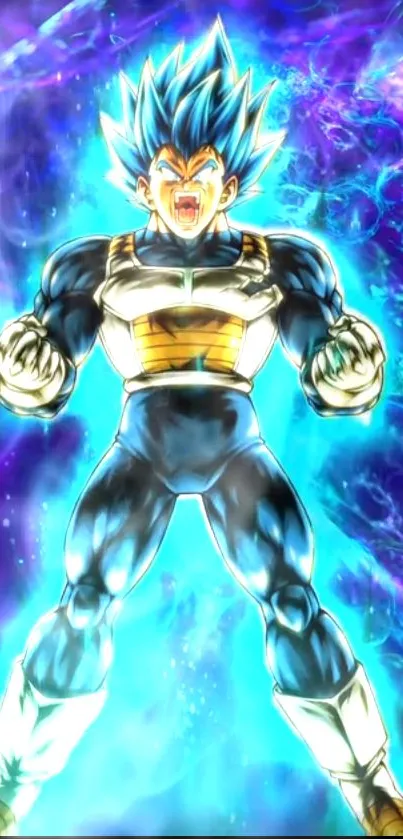 Anime character with a glowing blue aura and dynamic stance.