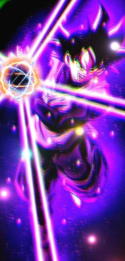 Anime character with neon energy and purple aura.