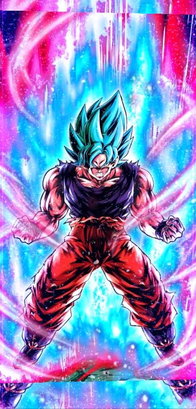 Anime character with vibrant energy aura in colorful background.