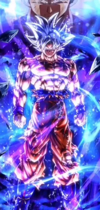 Anime character with vibrant energy aura and electric blue background.