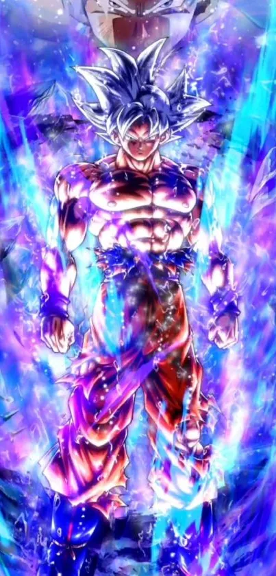 Anime character with vibrant energy aura in blue and purple hues.