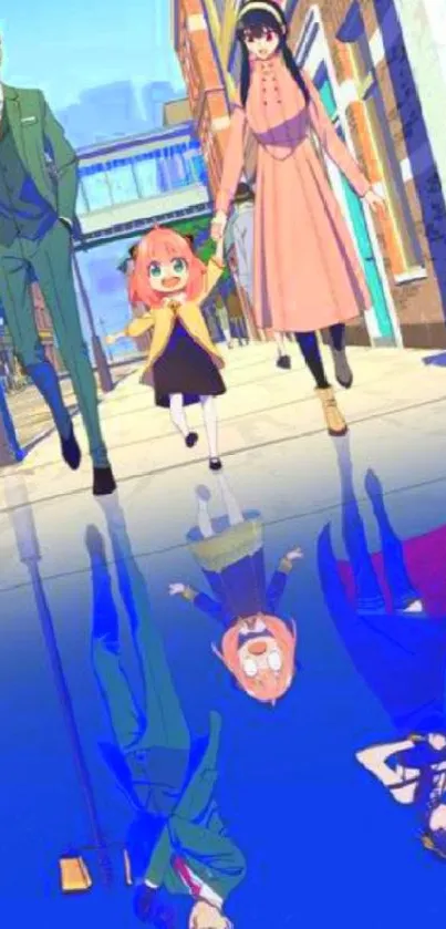 Anime family walk with reflections on a vibrant blue street.