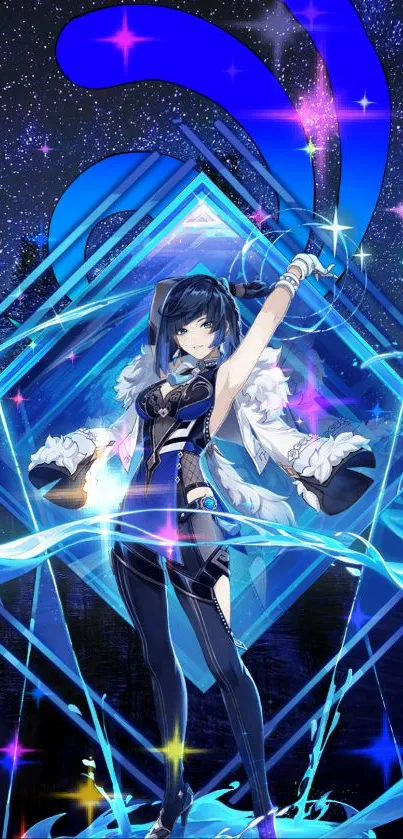 Anime character with glowing blue aura and vibrant backdrop.