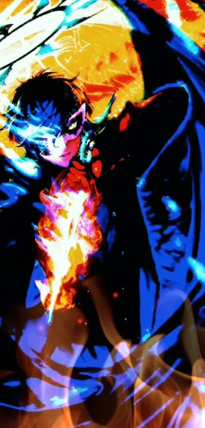 Anime character engulfed in vibrant blue and orange flames.