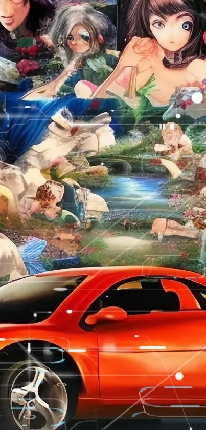 Vibrant anime fantasy artwork with orange car.