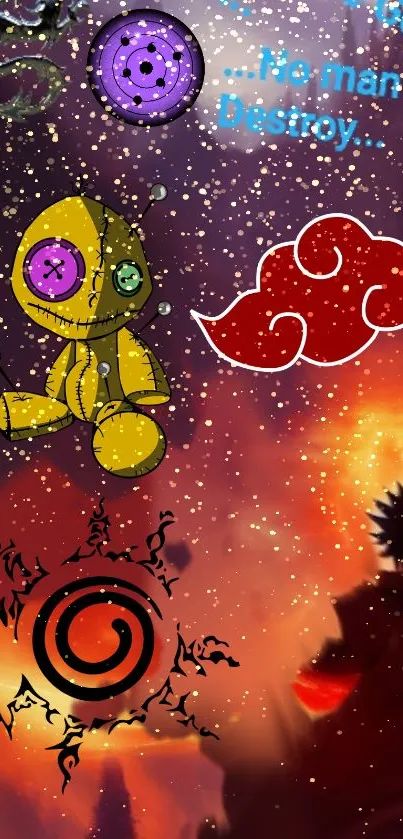 Anime-inspired fantasy wallpaper with colors and symbols.