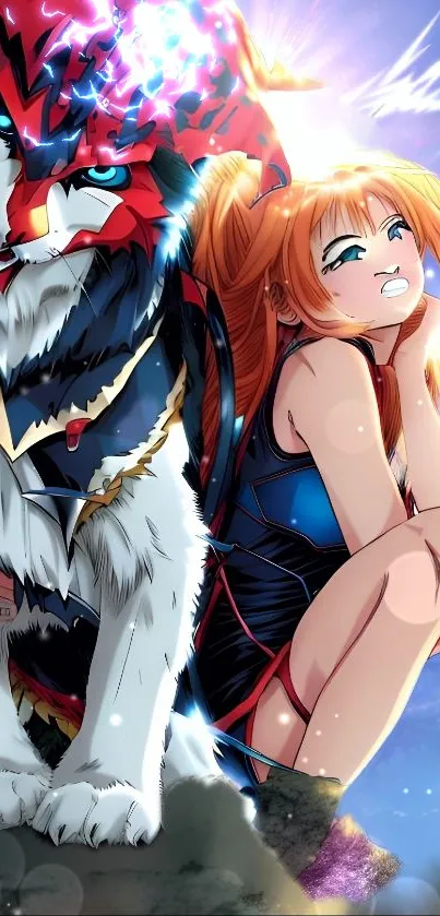 Anime wallpaper with a fierce mythical creature and character in a fantasy scene.