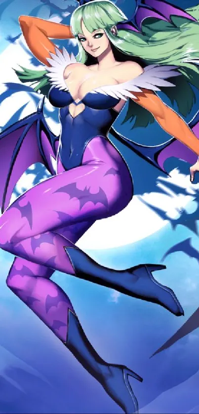 Anime fantasy character with purple and blue hues featuring bat wings.