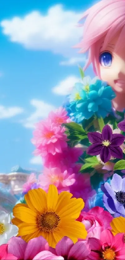 Anime character surrounded by vibrant flowers and dreamy castle backdrop.