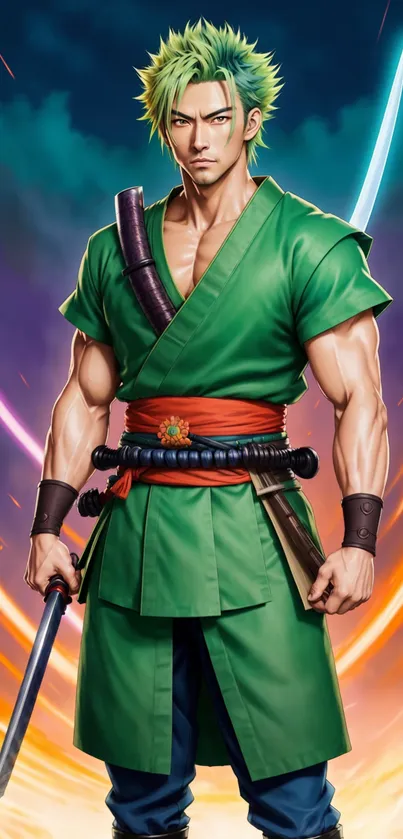 Dynamic anime fighter with green outfit and vibrant background.