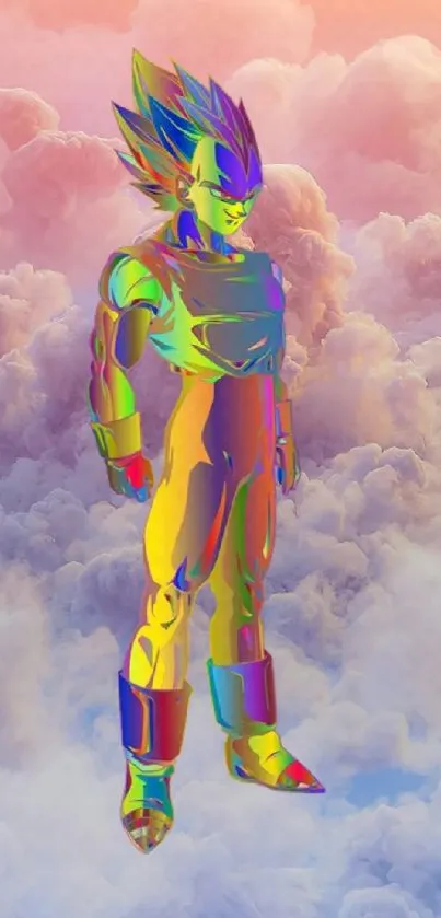 Vibrant anime figure floating amidst colorful clouds.