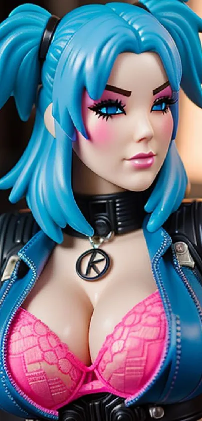 Anime figure with blue hair and vibrant design in detailed portrait.